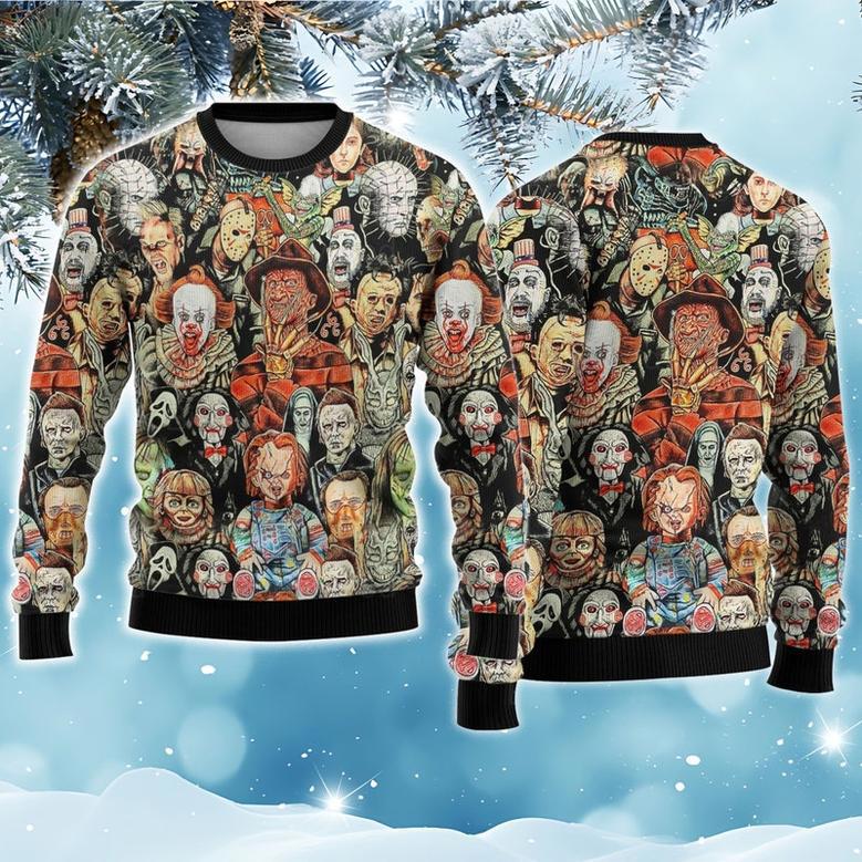 Happy Halloween Christmas Ugly Sweater, Horror Characters Sweatshirt, Halloween Movie All Over Print Sweater