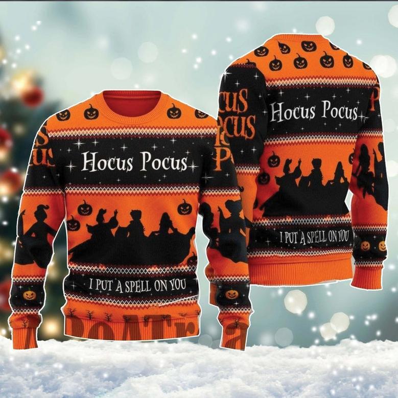 Hocus Pocus Ugly Xmas Sweater, I Put A Spell On You Sweatshirt, Sanderson Sisters All Over Print Sweater