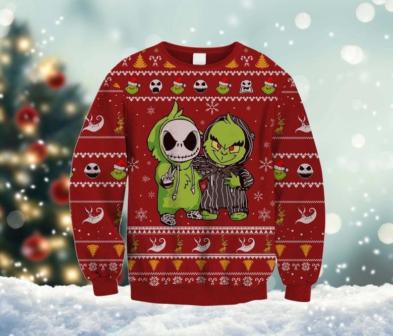 Jack and Griinch Ugly Xmas Sweater, Griinch Cartoon Sweatshirt, Cartoon Characters Woolen Sweater