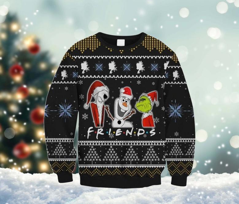 Jack Olaf and Griinch Ugly Xmas Sweater, Griinch Cartoon Sweatshirt, Cartoon Characters Woolen Sweater