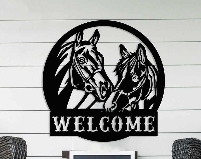 Metal Welcome Sign for Front Porch, Welcome Horse Sign, Metal House Sign, Gate Wall Decor