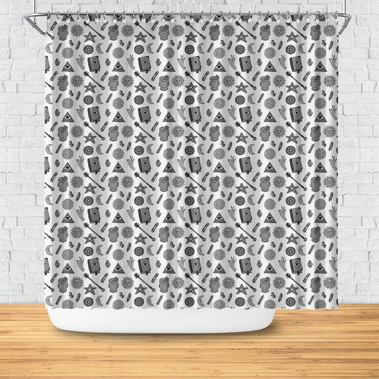 Mystical Grey Colored Pattern Eyes Boho Shower Curtain