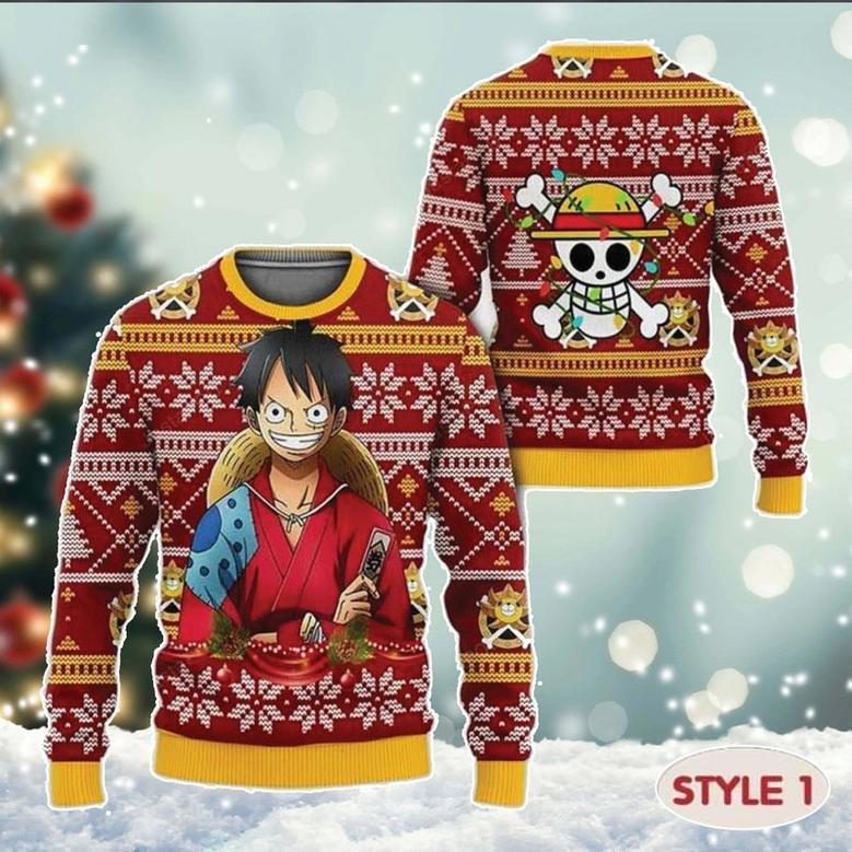 One Pie-ce Ugly Christmas Sweater, Anime Winter Xmas Sweatshirts, Japanese Manga All Over Printed Sweater