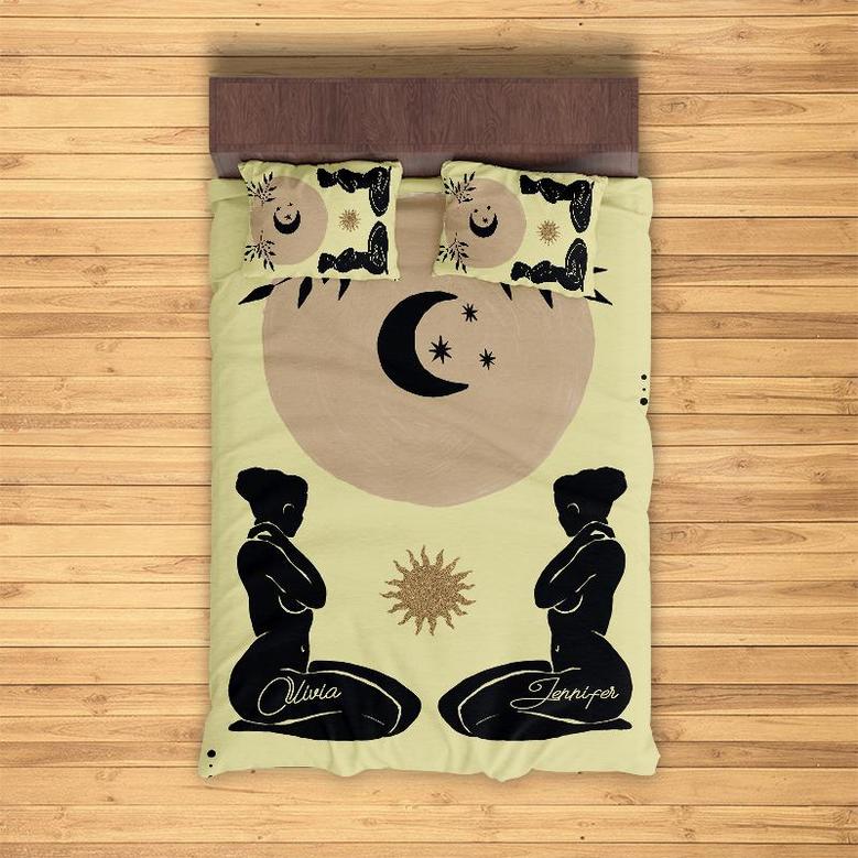 Custom Sun Moon Female Body Bedding Set, Custom Name, Boho Abstract Style, Personalized 3 Pieces Bedding Set