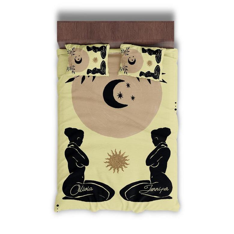 Custom Sun Moon Female Body Bedding Set, Custom Name, Boho Abstract Style, Personalized 3 Pieces Bedding Set