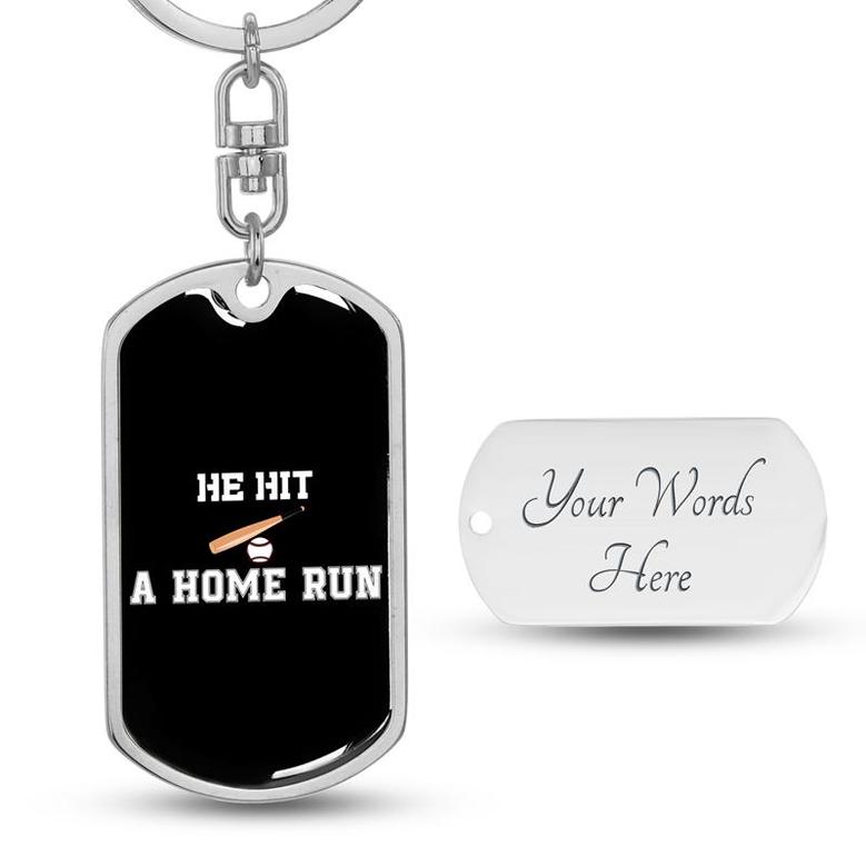 Custom He Hit A Home Run Keychain With Back Engraving | Cool Birthday Gifts For Baseball Lover | Personalized Baseball Dog Tag Keychain