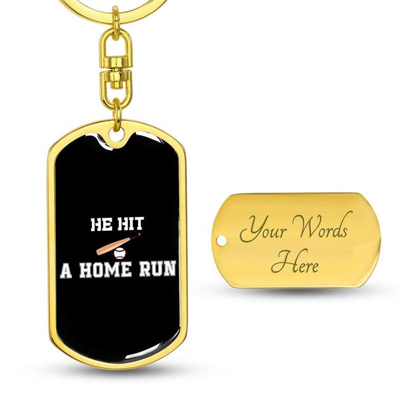 Custom He Hit A Home Run Keychain With Back Engraving | Cool Birthday Gifts For Baseball Lover | Personalized Baseball Dog Tag Keychain