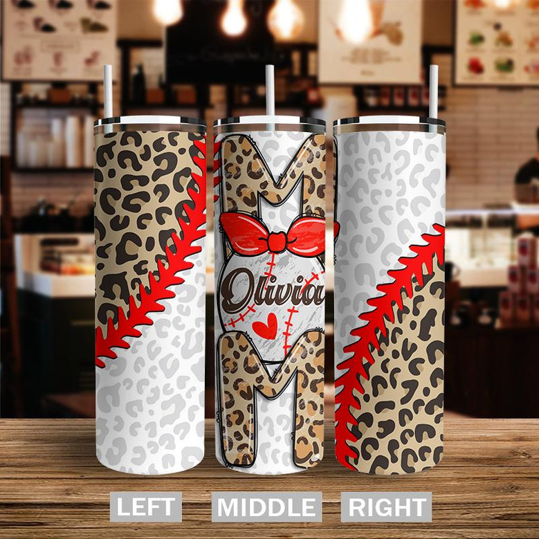 Custom Leopard Stitches Mom Tumbler | Custom Name | Gifts For Baseball Mom | Personalized Baseball Mom Skinny Tumbler