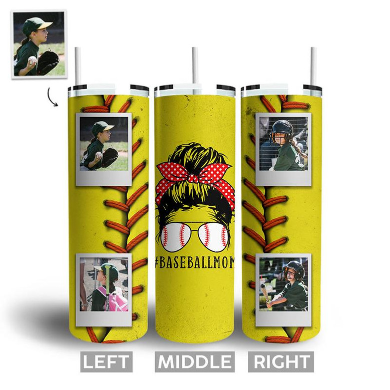 Custom Messy Bun Baseball Mom Tumbler | Custom Photo | Gifts Idea For Baseball Mom | Personalized Baseball Mom Skinny Tumbler