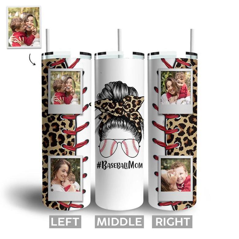 Custom Messy Bun Leopard Mom Tumbler | Custom Photo | Gifts Idea For Baseball Mom | Personalized Baseball Mom Skinny Tumbler