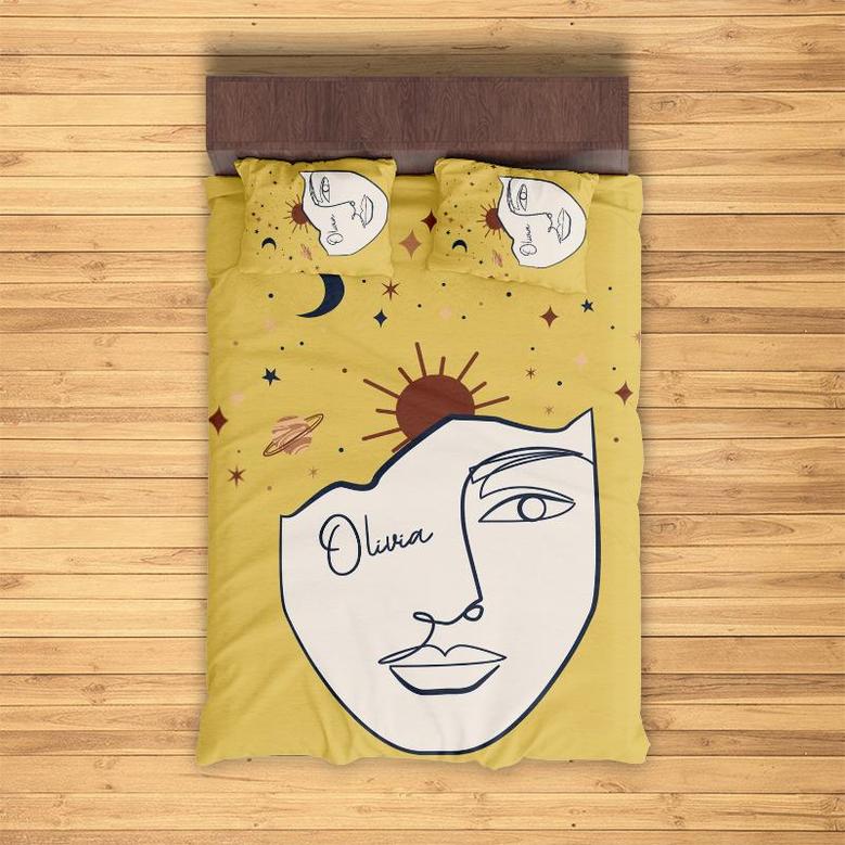 Custom Abstract Face Bedding Set, Custom Name, Sun And Moon, Celestial Bohemian, Personalized Boho 3 Pieces Bedding Set