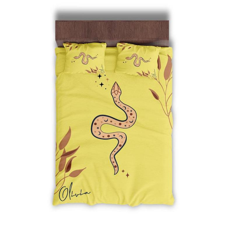 Custom Boho Celestial Snake Bedding Set, Custom Name, Boho Gift Home Living, Personalized Boho 3 Pieces Bedding Set