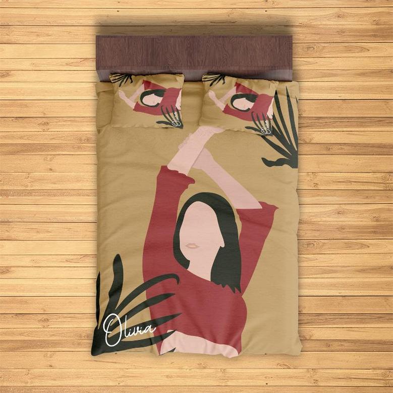 Custom Boho Woman Vector Bedding Set, Custom Name, Boho Woman Gift, Personalized Boho 3 Pieces Bedding Set