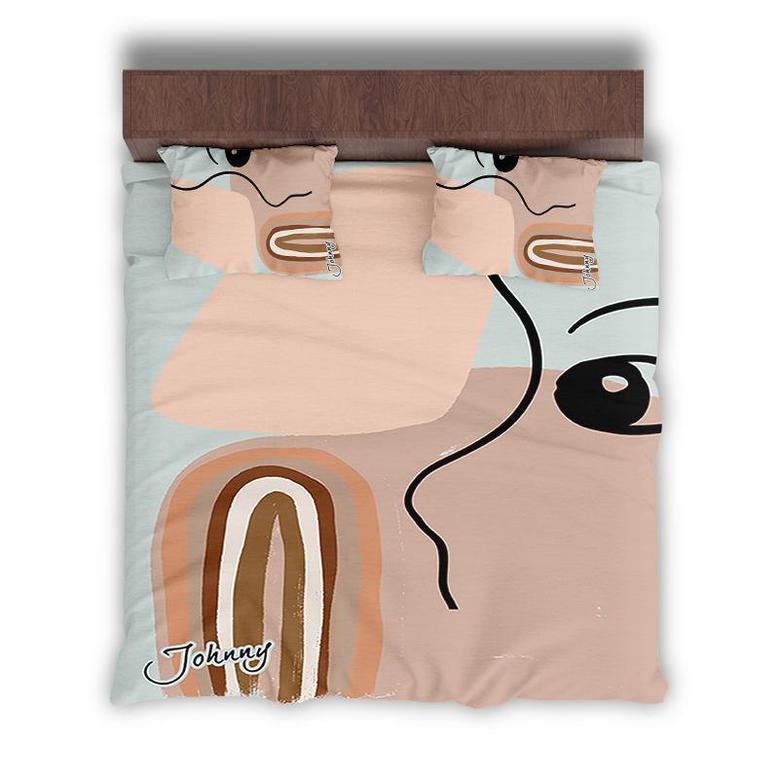 Custom Classic Abstract Boho Bedding Set, Custom Name, Bohemian Face Art, Personalized Boho 3 Pieces Bedding Set