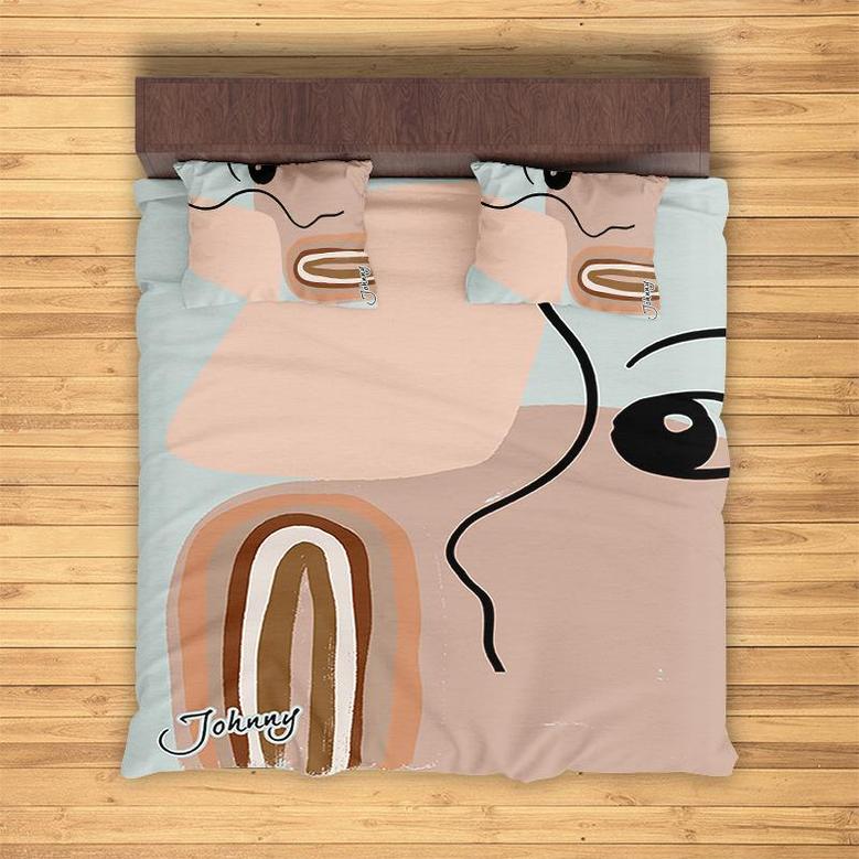 Custom Classic Abstract Boho Bedding Set, Custom Name, Bohemian Face Art, Personalized Boho 3 Pieces Bedding Set