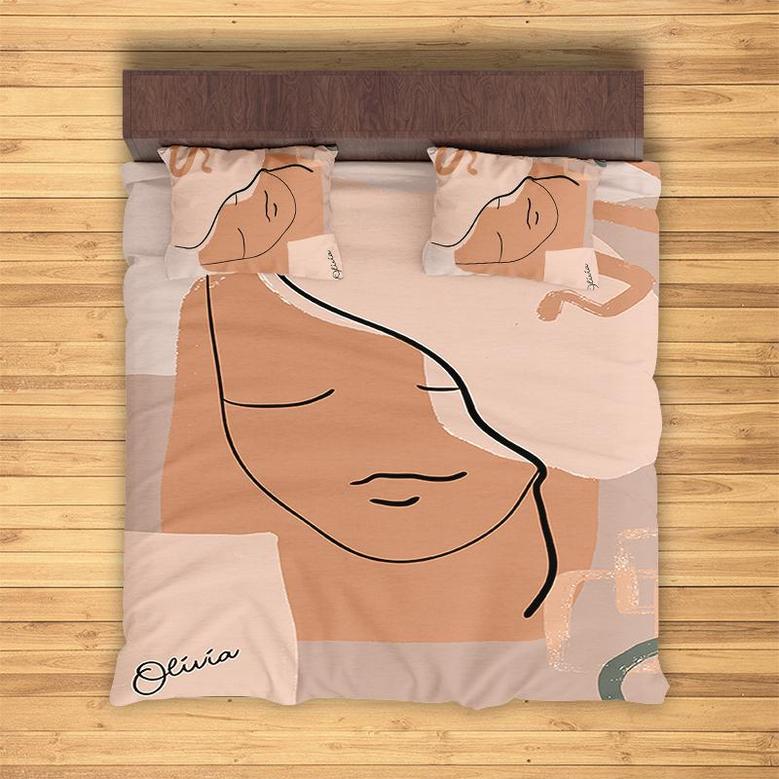 Custom Classic Art Beige Bedding Set, Custom Name, Color Pieces, Boho Face, Personalized Boho 3 Pieces Bedding Set