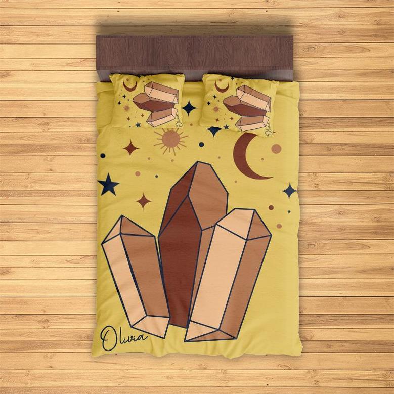 Custom Crystal Celestial Bedding Set, Custom Name, Boho Minimalist Gift, Personalized Boho 3 Pieces Bedding Set