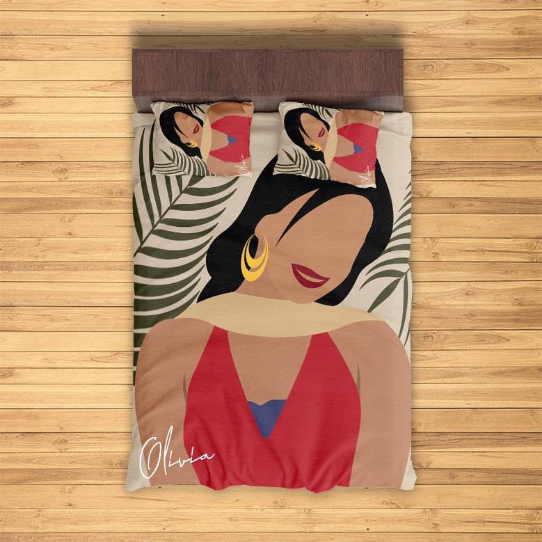Custom Ethnic Boho Woman Bedding Set, Custom Name, Bohemian Lady, Personalized Boho 3 Pieces Bedding Set