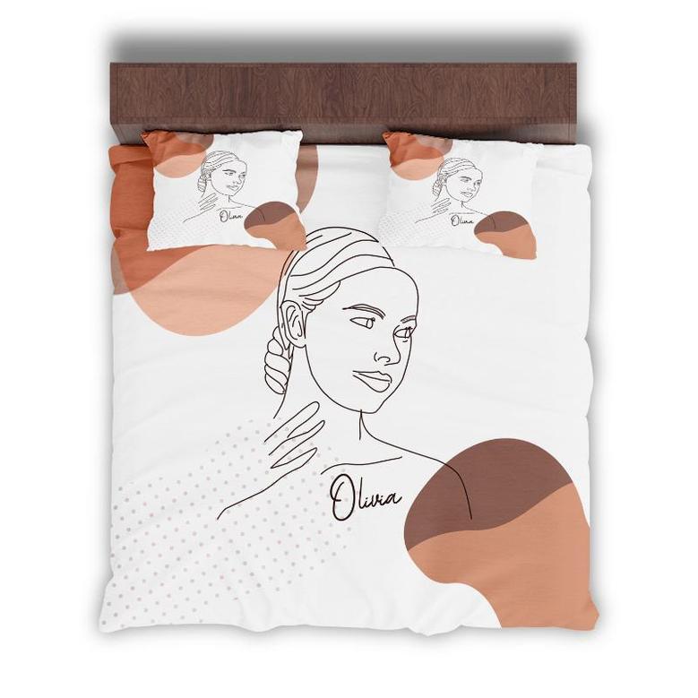 Custom Line Art Color Boho Bedding Set, Custom Name, Woman Shape, Personalized Boho 3 Pieces Bedding Set