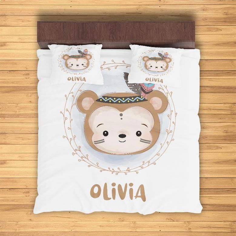 Custom Monkey Boho Animal Bedding Set, Custom Name, Watercolor Boho Style, Personalized Boho 3 Pieces Bedding Set