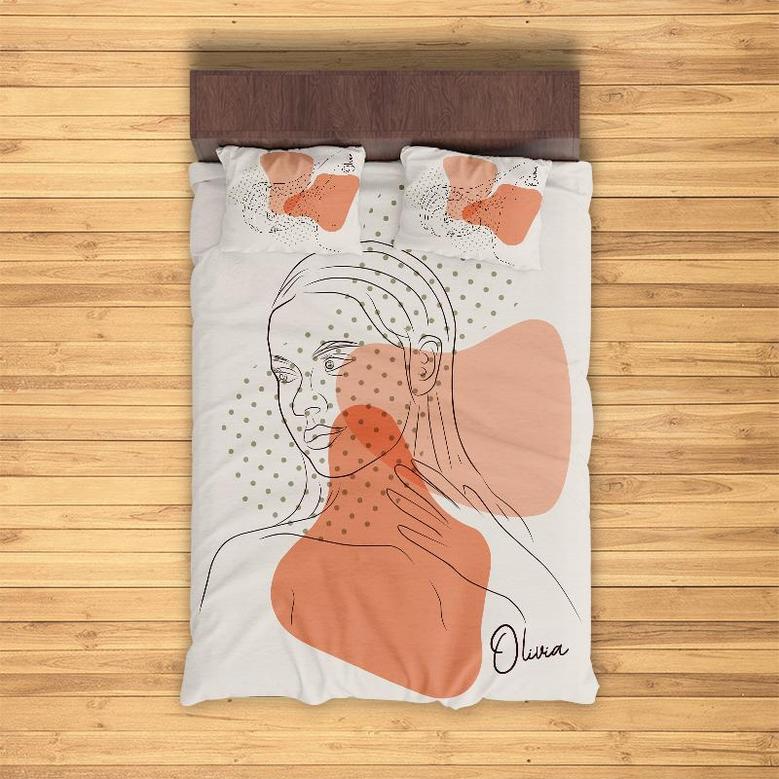 Custom Natural Color Woman Bedding Set, Custom Name, Boho, Personalized Boho 3 Pieces Bedding Set