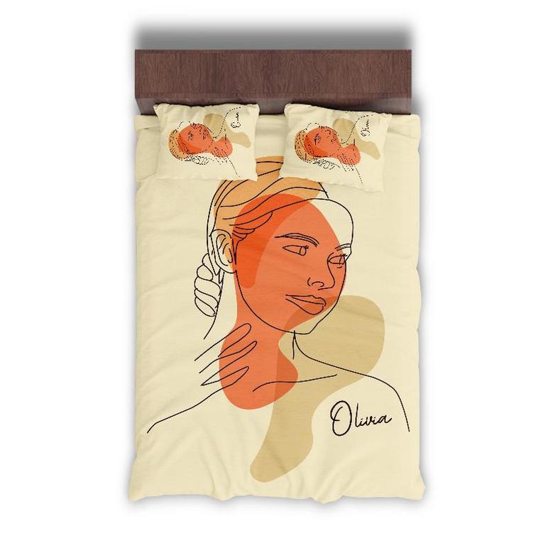 Custom Orange Woman Art Bedding Set, Custom Name, Abstract Boho, Personalized Boho 3 Pieces Bedding Set