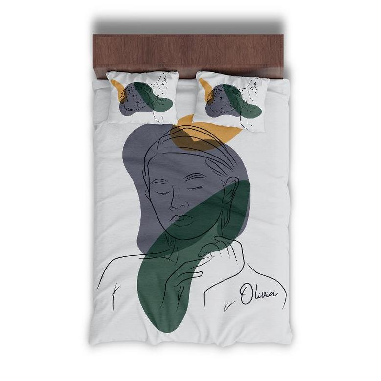 Custom Shape Woman Art Bedding Set, Custom Name, Boho Design, Personalized Boho 3 Pieces Bedding Set
