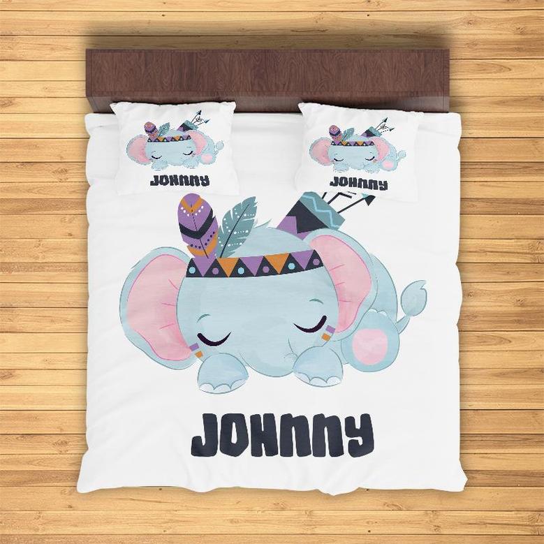 Custom Sleepy Elephant Bedding Set, Custom Name, Baby Boho Animal, Personalized Boho 3 Pieces Bedding Set