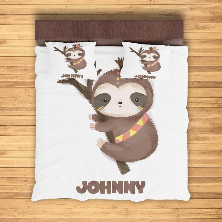 Custom Sloth Climbing Tree Bedding Set, Custom Name, Cute Animal Boho, Personalized Boho 3 Pieces Bedding Set