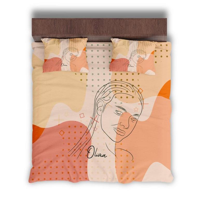 Custom Square Color Pieces Bedding Set, Custom Name, Woman Line Art, Personalized Boho 3 Pieces Bedding Set