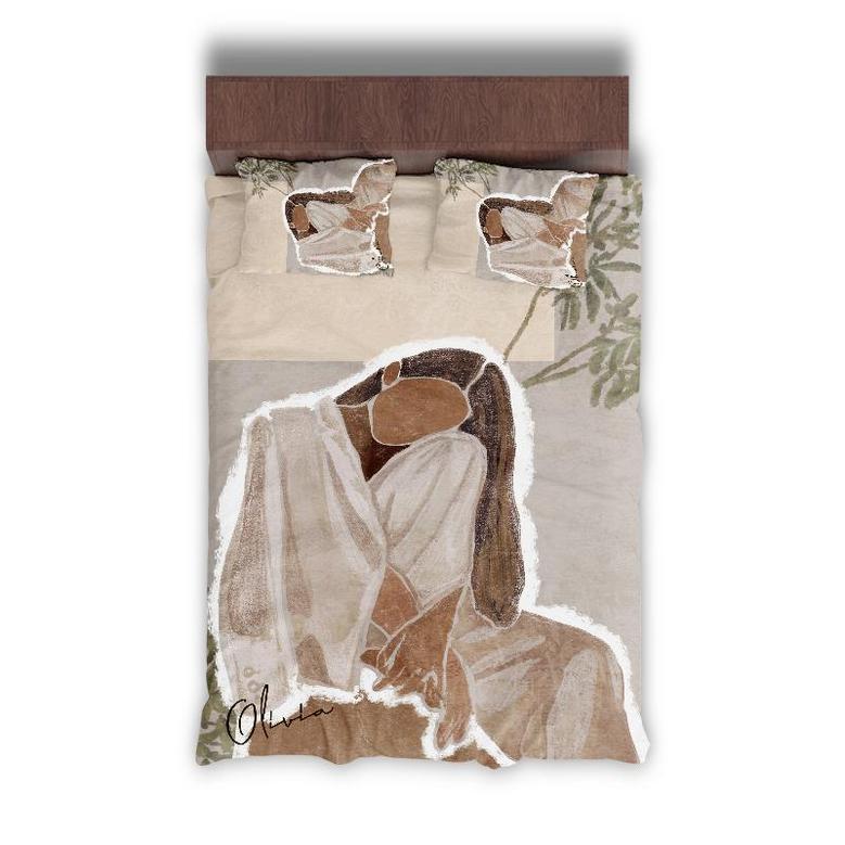 Custom Watercolor Girl Bedding Set, Custom Name, Boho Abstract, Personalized Boho 3 Pieces Bedding Set