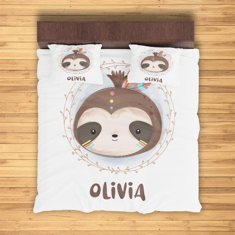 Custom Watercolor Sloth Boho Bedding Set, Custom Name, Boho Animal, Personalized Boho 3 Pieces Bedding Set