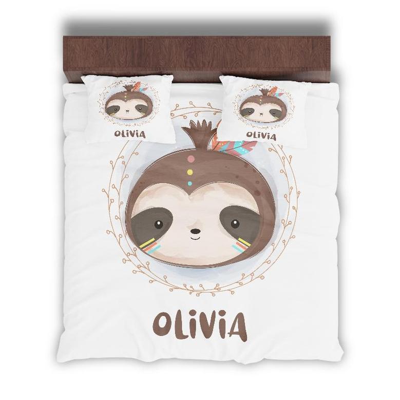 Custom Watercolor Sloth Boho Bedding Set, Custom Name, Boho Animal, Personalized Boho 3 Pieces Bedding Set
