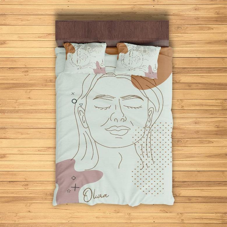 Custom Woman Art Pink Brown Bedding Set, Custom Name, Color Pieces, Boho Color, Personalized Boho 3 Pieces Bedding Set