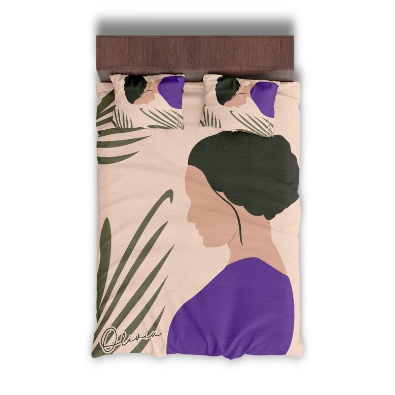 Custom Woman Silhouette Bedding Set, Custom Name, Boho Floral, Personalized Boho 3 Pieces Bedding Set