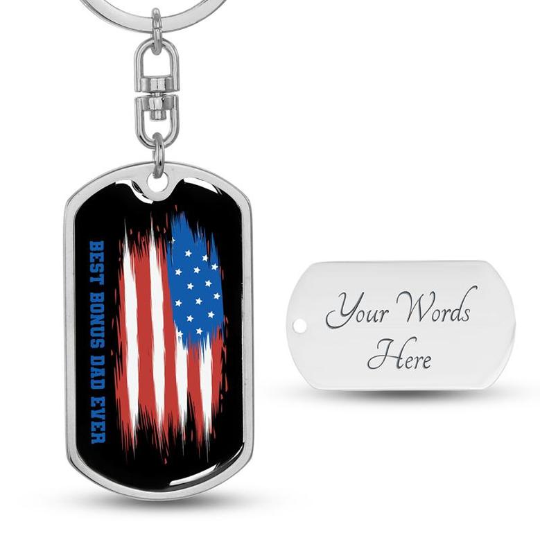 Custom Best Bonus Dad Ever Flag Keychain With Back Engraving | Birthday Gifts For Dad | Personalized Dad Dog Tag Keychain