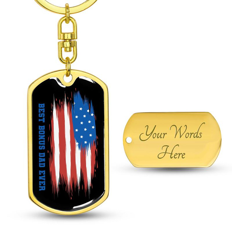 Custom Best Bonus Dad Ever Flag Keychain With Back Engraving | Birthday Gifts For Dad | Personalized Dad Dog Tag Keychain