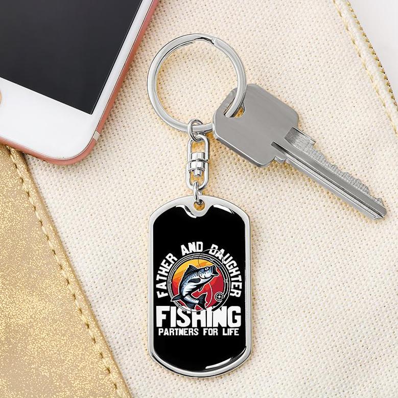 Custom Father And Daughter Fishing Keychain With Back Engraving | Birthday Gift For Dad | Personalized Dad Dog Tag Keychain