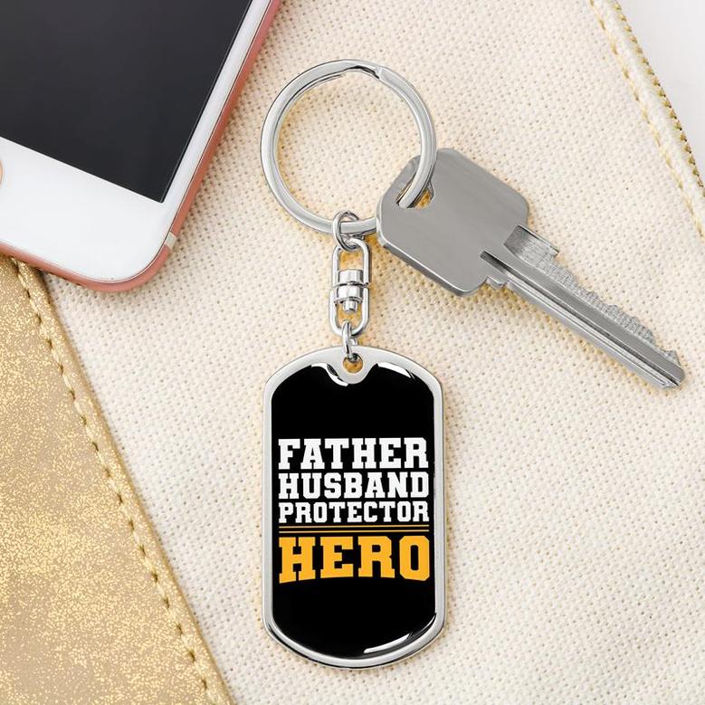 Custom Father Husband Protecter Hero Keychain With Back Engraving | Birthday Gift For Dad | Personalized Dad Dog Tag Keychain