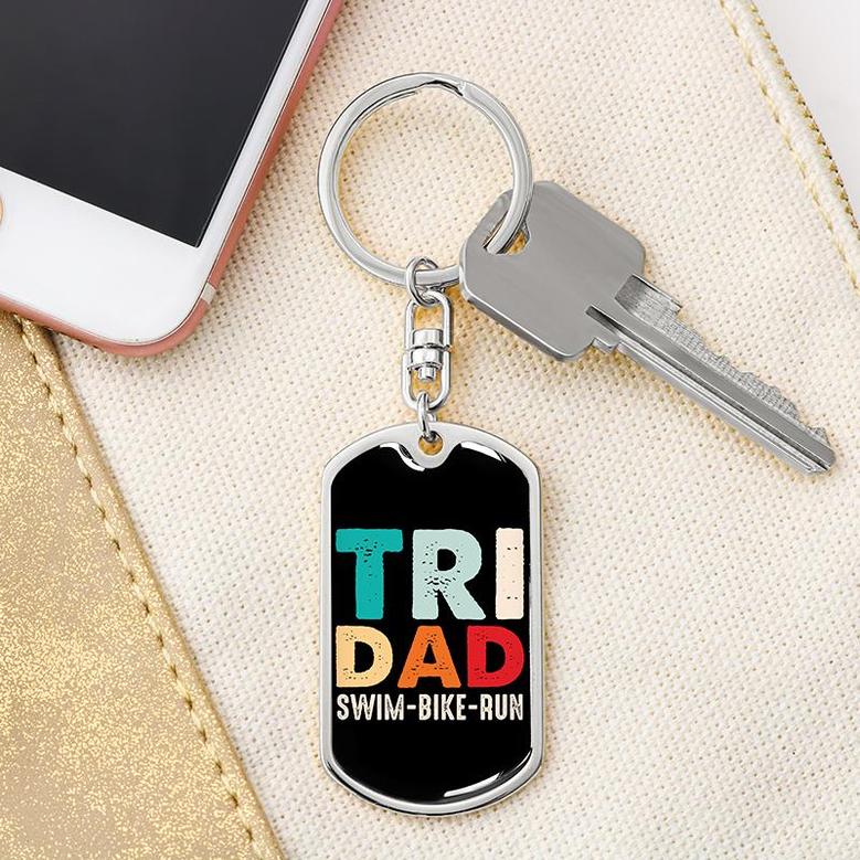 Custom Tri Dad Swim Bike Run With Back Engraving | Birthday Gifts For Dad | Personalized Dad Dog Tag Keychain