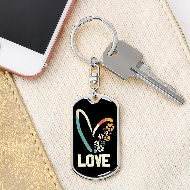Custom Love Flowers Paw Prints Keychain With Back Engraving | Birthday Gift For Dog Lovers | Personalized Dog Dog Tag Keychain