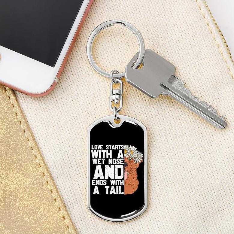 Custom Love Starts With A Wet Nose Keychain With Back Engraving | Birthday Gift For Dog Lovers | Personalized Dog Dog Tag Keychain