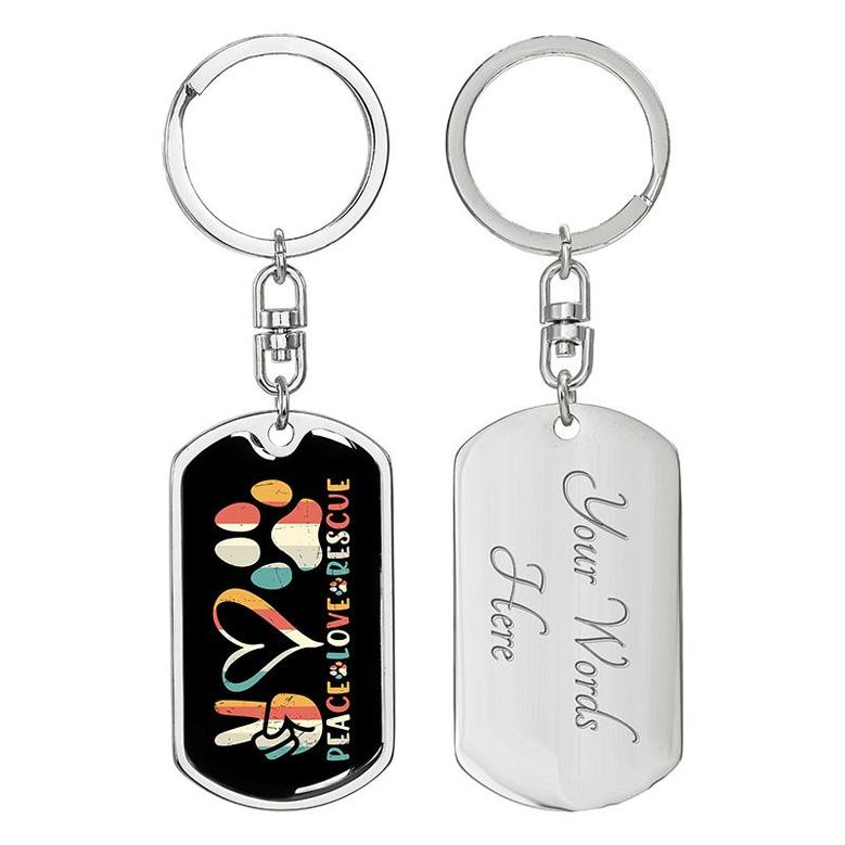 Custom Peace Love Rescue Keychain With Back Engraving | Birthday Gift For Dog Lovers | Personalized Dog Dog Tag Keychain