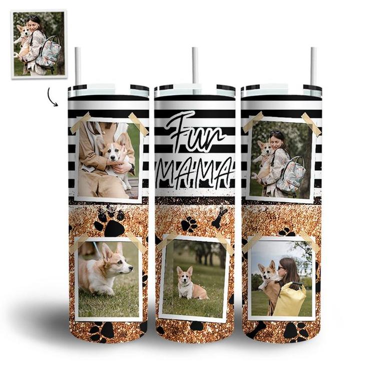 Custom Fur Mama Black And White stripes Photo Skinny Tumbler | Custom Photo | Fur Dog Mom Gifts | Personalized Dog Mom Skinny Tumbler