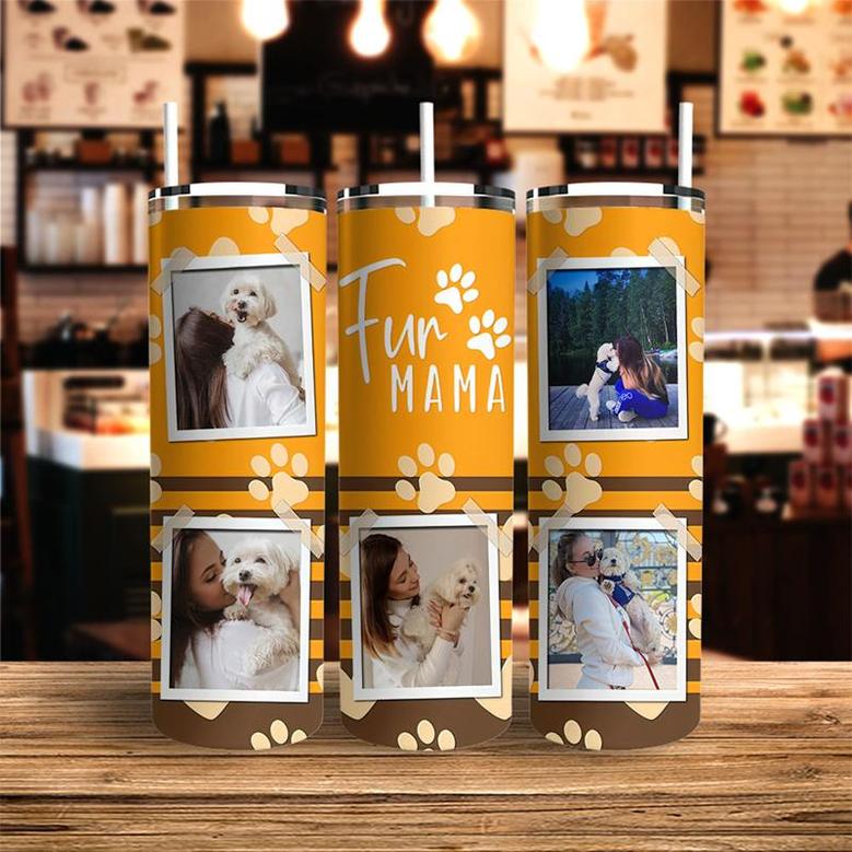 Custom Fur Mama Orange Theme Polaroid Photo Skinny Tumbler | Custom Photo | Dogs Mom Gifts | Personalized Dog Mom Skinny Tumbler