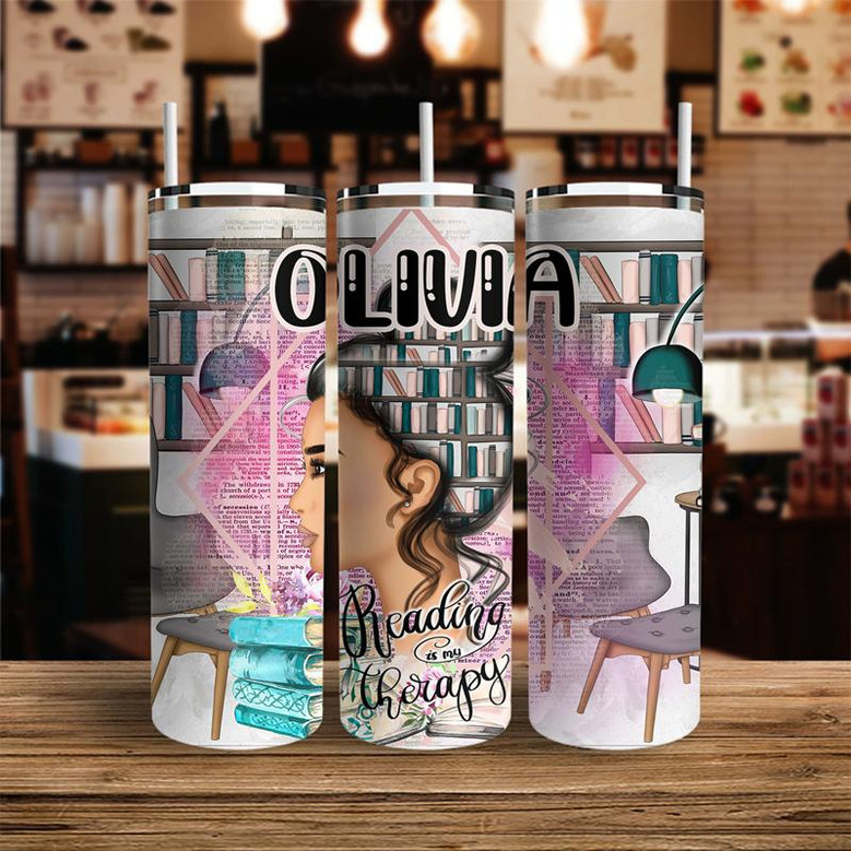 Custom Reading Is My Therapy Skinny Tumbler, Custom Name, Best Gift For Book Lovers, Personalized Hobby Skinny Tumbler