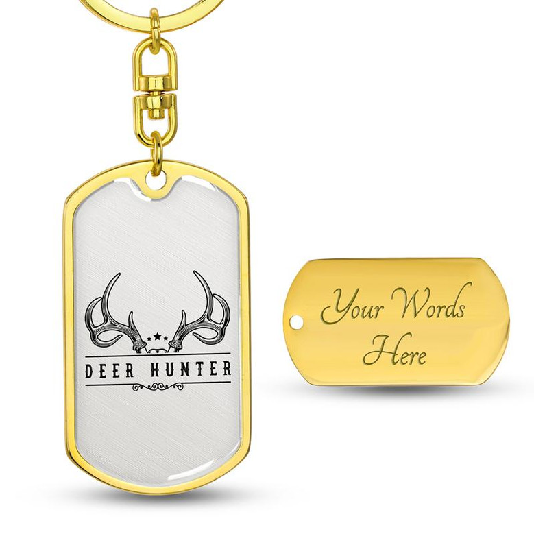 Custom White Deer Hunter Keychain With Back Engraving | Birthday For Hunting Lover | Deer | Personalized Hunting Dog Tag Keychain