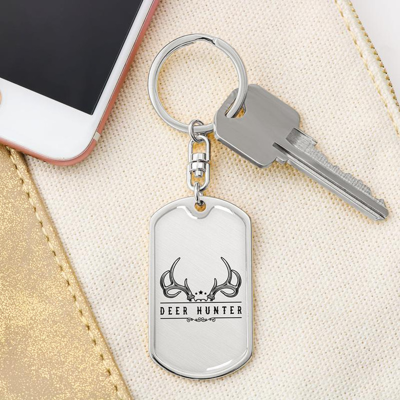 Custom White Deer Hunter Keychain With Back Engraving | Birthday For Hunting Lover | Deer | Personalized Hunting Dog Tag Keychain