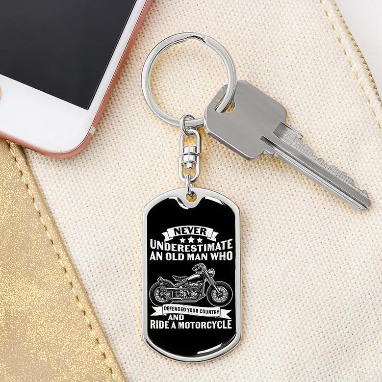 Custom Never Underestimate An Old Man Keychain With Back Engraving | Birthday Gifts | Personalized Motorcycle Dog Tag Keychain