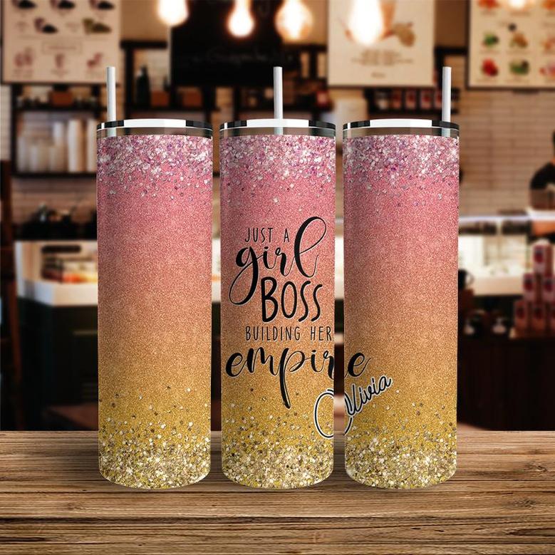 Custom Just A Girl Boss Building Her Empire Colorful Glistening Skinny Tumbler, Custom Name, Quote Gift For Girl, Personalized Name Skinny Tumbler